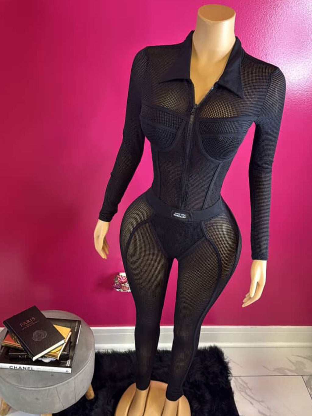 Mesh Collared Elastic Waist Jumpsuit