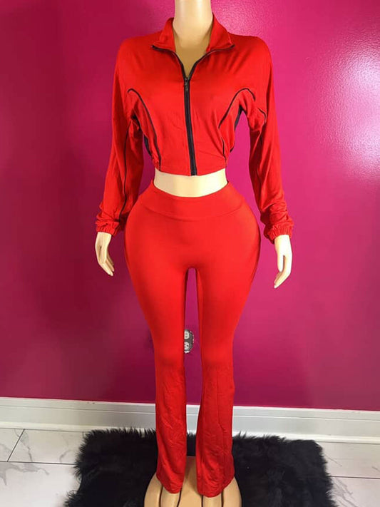 Ribbed Crop Jacket & Flare Pants Set