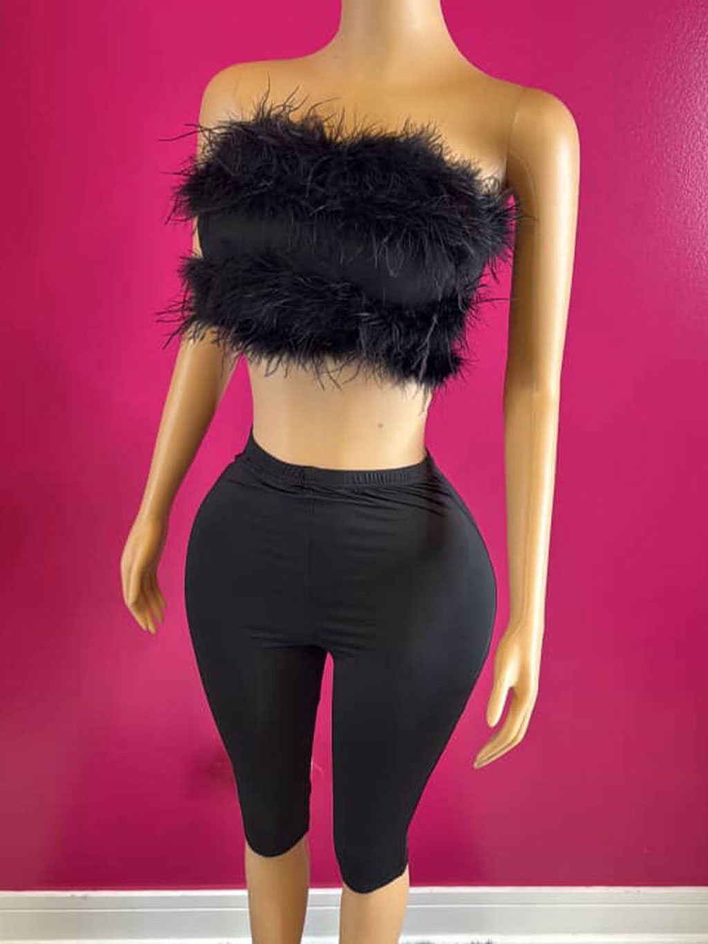 Fur Strapless Crop Capri Set