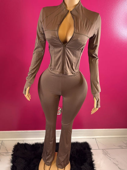 Long Sleeve Zippered 2-Piece Set with Flared Legs