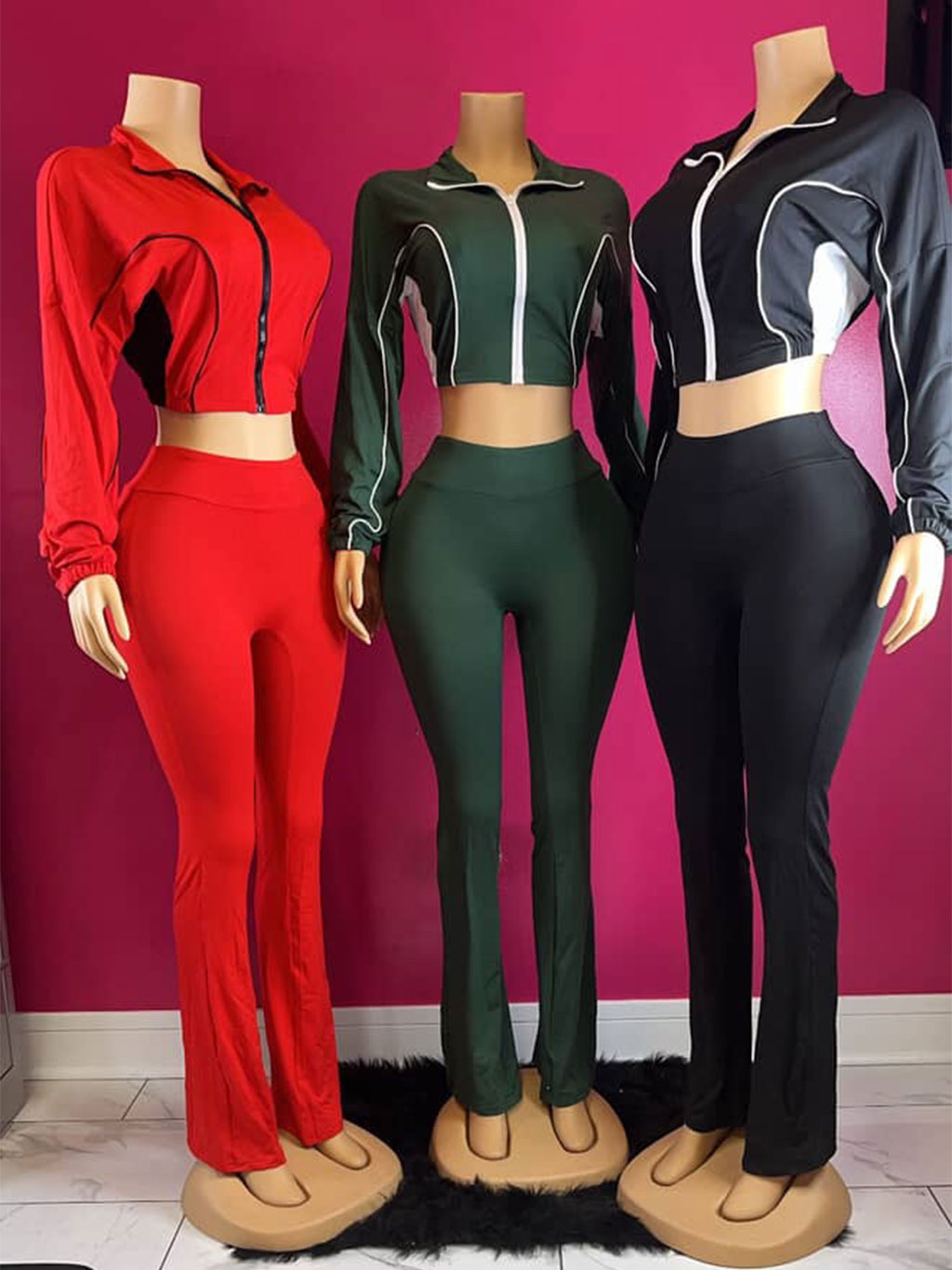 Ribbed Crop Jacket & Flare Pants Set