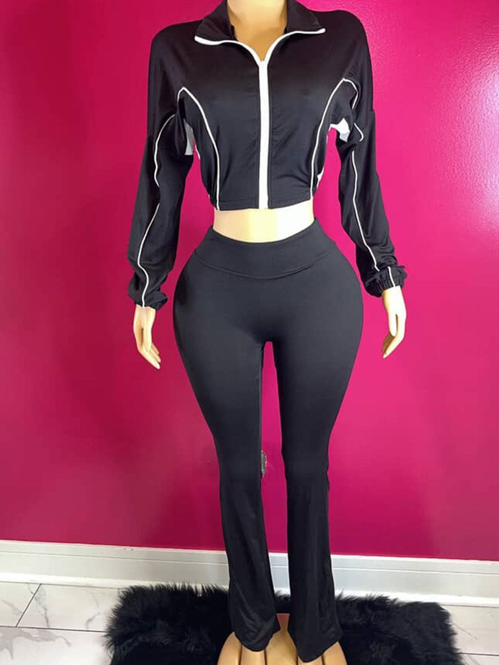 Ribbed Crop Jacket & Flare Pants Set