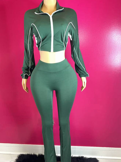 Ribbed Crop Jacket & Flare Pants Set